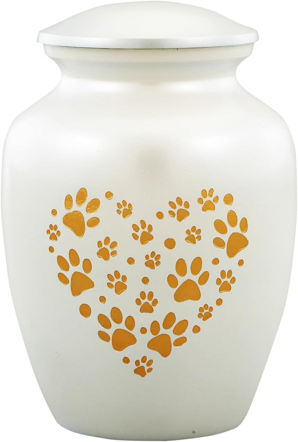 White and Gold Heart Paws Cremation Urn with Optional Personalisation