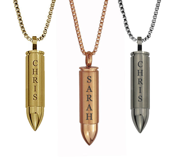 Personalised Bullet Cremation Ashes Pendant in Silver, Rose Gold & Gold Plated - ETJ08