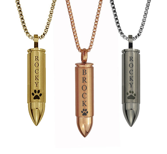 Personalised Paw Bullet Cremation Ashes Pendant in Silver, Rose Gold & Gold Plated - ETJ09