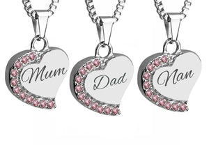 Heart with Pink Crystals Family Name Cremation Ashes Pendant - ETJ16