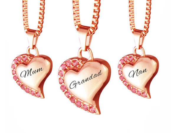 Rose Gold Heart with Pink Crystals Family Name Cremation Ashes Pendant - ETJ18