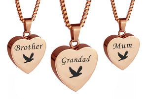 Rose Gold Dove Heart Family Name Cremation Ashes Pendant - ETJ20