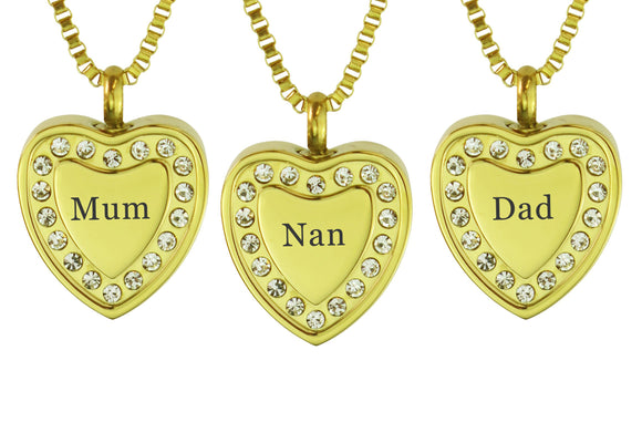 Crystal Gold Heart Family Name Cremation Ashes Pendant - ETJ30