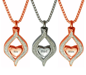 Diamond Heart Family Name Cremation Ashes Pendant In Stainless Steel or Rose Gold - ETJ31