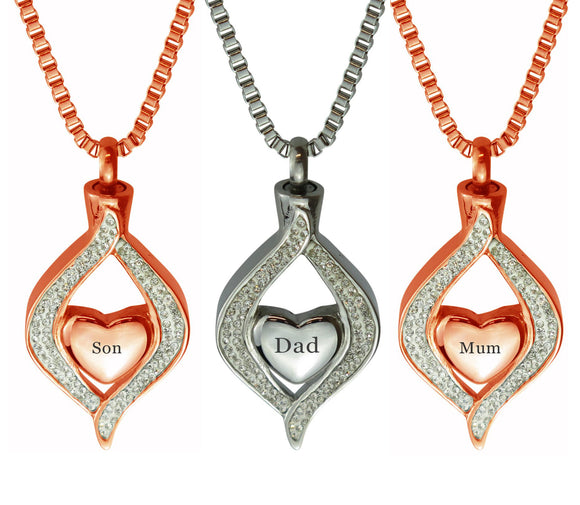 Diamond Heart Family Name Cremation Ashes Pendant In Stainless Steel or Rose Gold - ETJ31