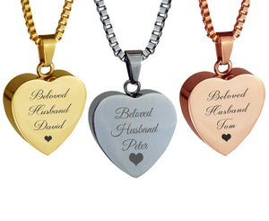 Personalised Beloved Husband Heart Cremation Ashes Pendant in Stainless Steel, Rose Gold & Gold Plated - ETJ35