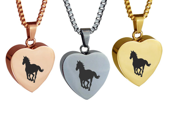 Horse Heart Cremation Ashes Pendant in Stainless Steel, Rose Gold & Gold Plated - ETJ56