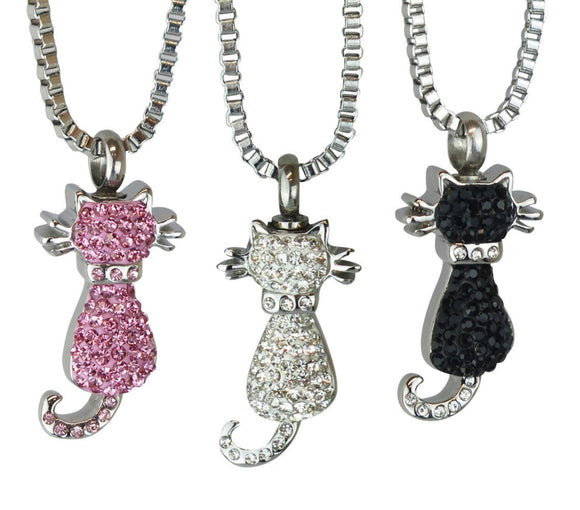 Crystal Cat Cremation Ashes Pendant in Clear, Pink & Black - ETJ59
