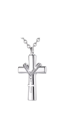 Sterling Silver Cross with Crystals Urn Pendant Necklace