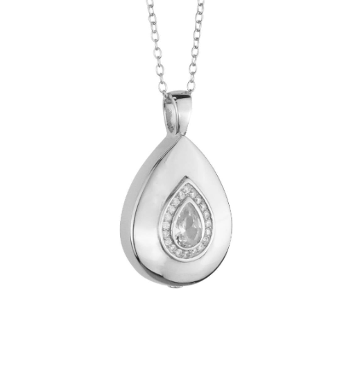 Sterling Silver Crystal Teardrop Cremation Ashes Urn Pendant Necklace