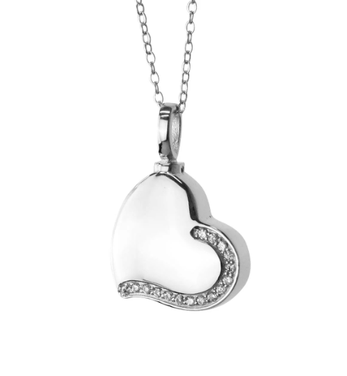 Sterling Silver Heart with Crystals Cremation Urn Pendant